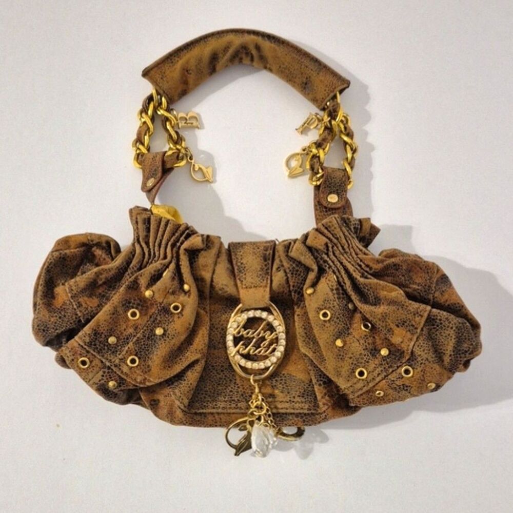 Baby Phat Y2K McBling Ruched Croc Embossed Shoulder Bag Rhinestone Charm Vtg - Picture 6 of 15